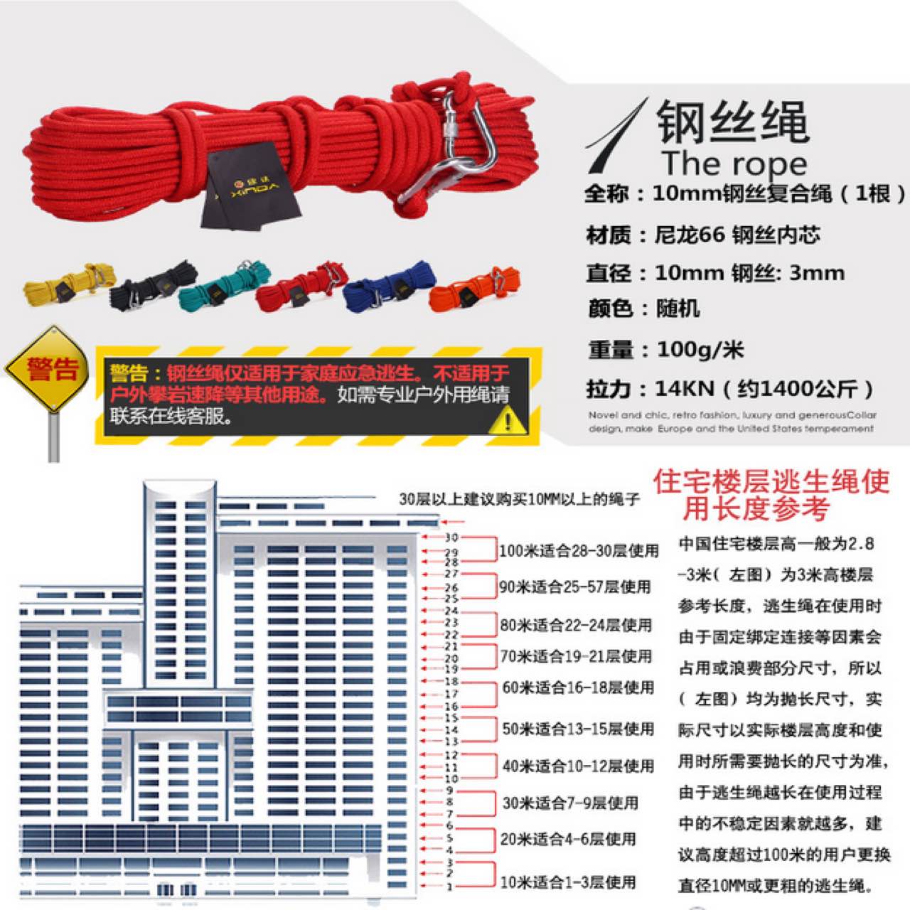 欣达/Xinda家庭救援火灾地震应急救援套装救生安全绳高层缓降器