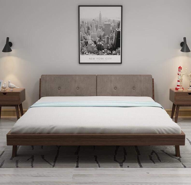 实木床橡木双人床北欧简约布艺床1.5m胡桃木色1.8m婚床日式小户型