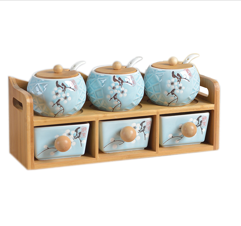 创意日式油壶陶瓷竹木调味罐调味瓶厨房用品六件套调味盒辣椒盐罐