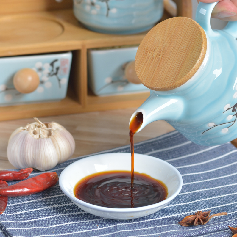 创意日式油壶陶瓷竹木调味罐调味瓶厨房用品六件套调味盒辣椒盐罐